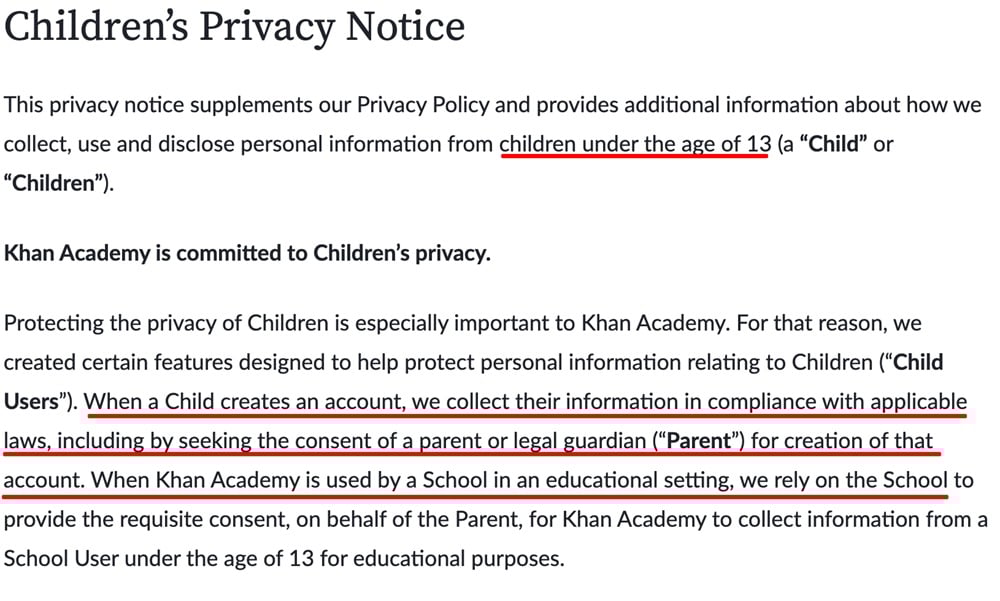 Khan Academy Privacy Policy: Childrens clause