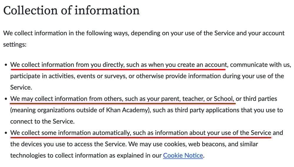 Khan Academy Privacy Policy: Collection of information clause