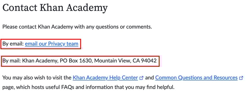 Khan Academy Privacy Policy: Contact clause