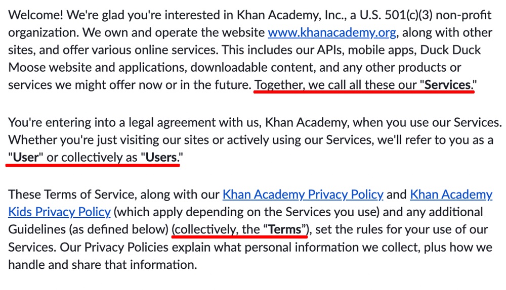 Khan Academy Terms of Service Intro section