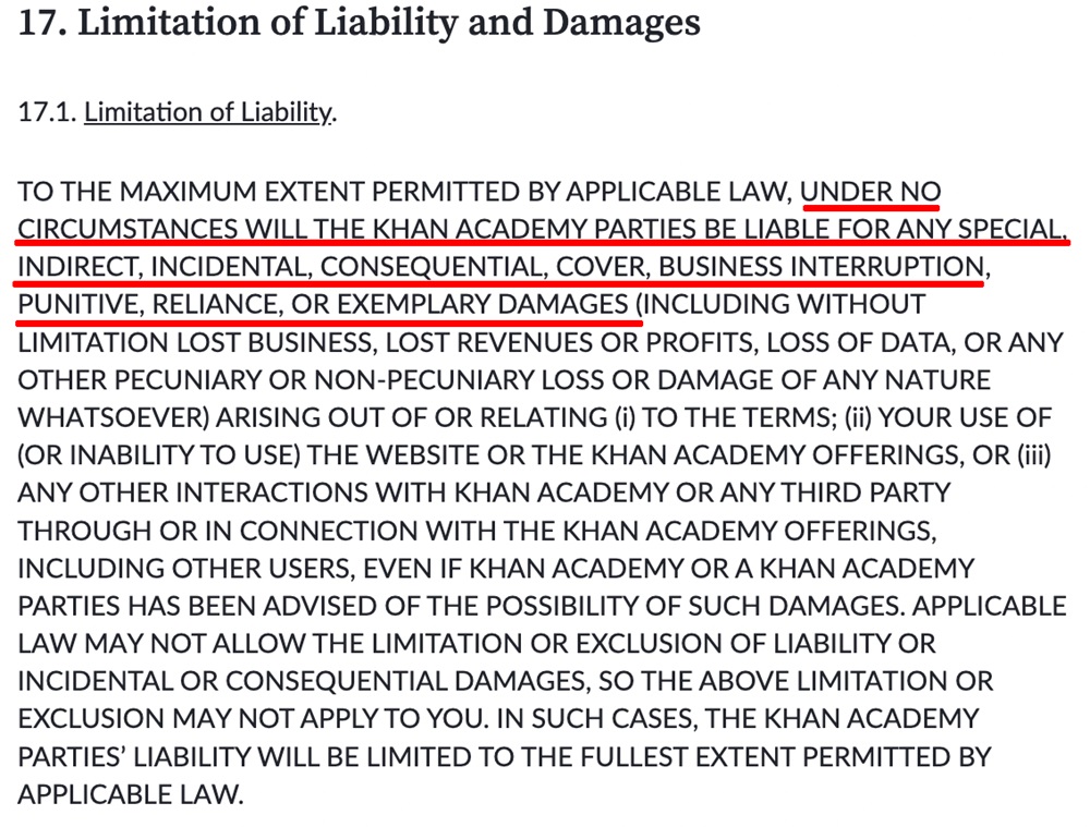 Khan Academy Terms of Service User limitation of liability clause