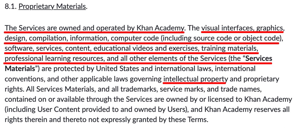 Khan Academy Terms of Service proprietary materials section