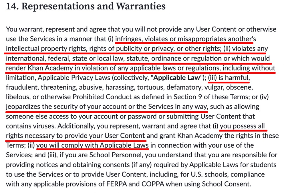 Khan Academy Terms of Service User representations and warranties clause