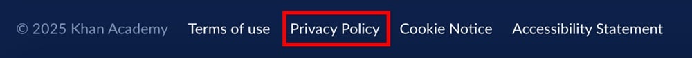 Khan Academy website footer with Privacy Policy link highlighted