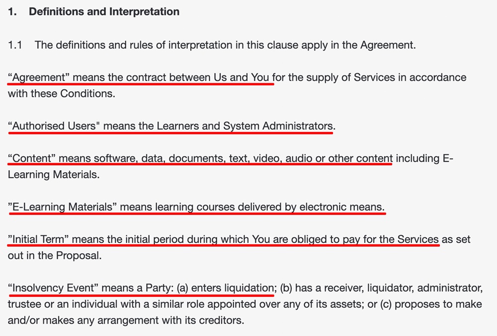 Make UK Terms and Conditions Definitions section