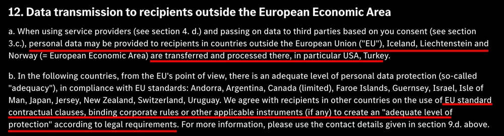 Mercedes Benz Developers Privacy Policy: Data transmission outside EEA clause