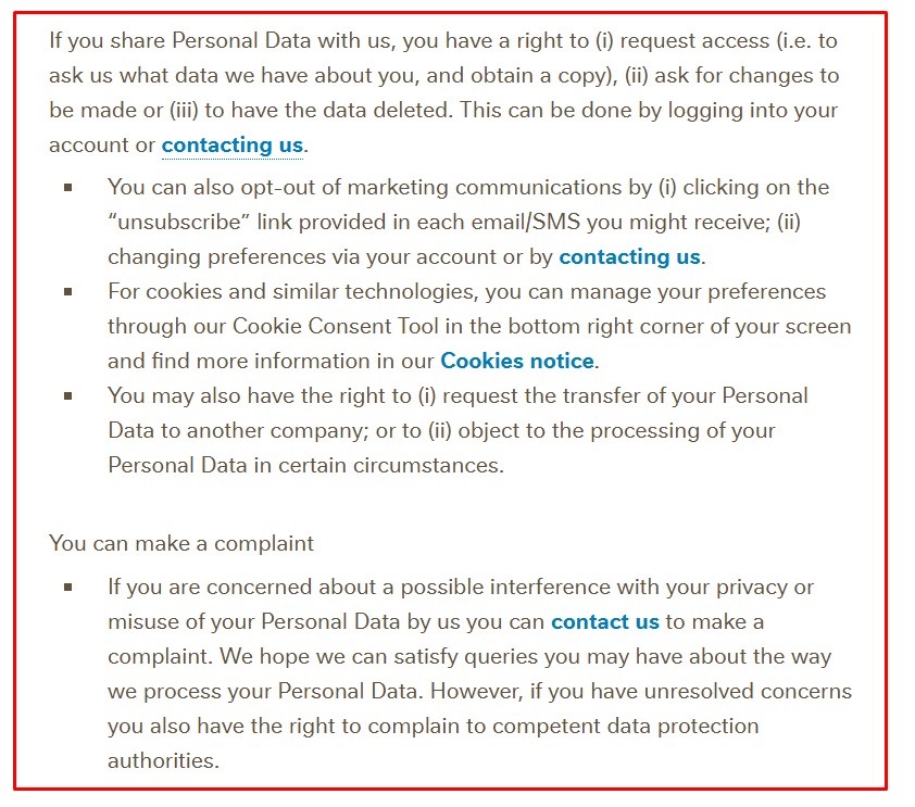 Nestle Privacy Policy excerpt