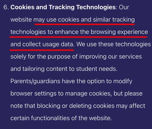 Online School UK Privacy Policy: Cookies clause