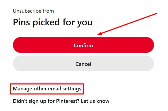 Pinterest email unsubscribe confirmation page