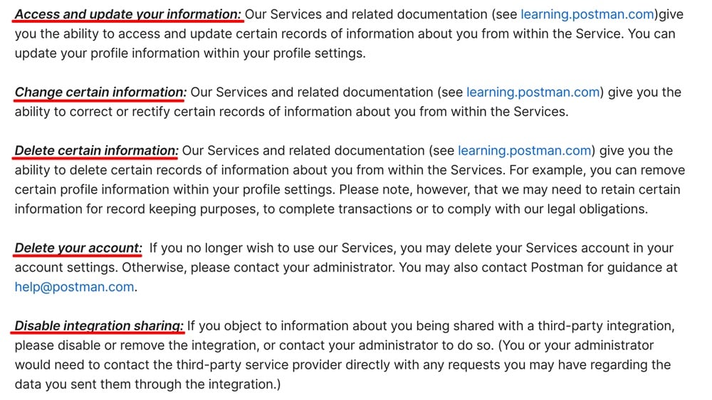 Postman Privacy Policy: User rights clause