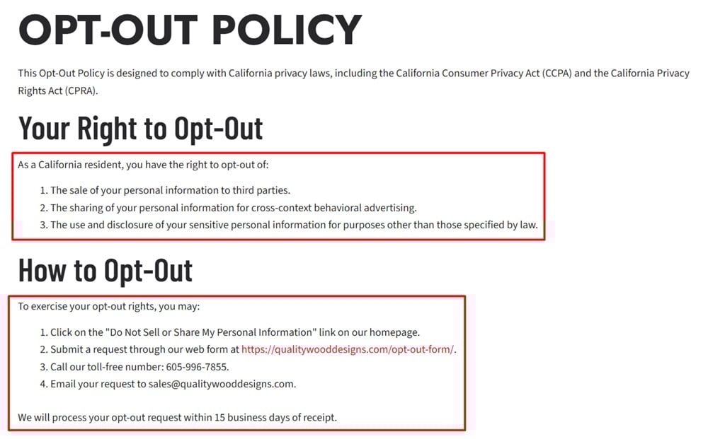 Quality Wood and Metal Designs Opt-Out Policy