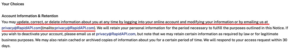 RapidAPI Privacy Policy: Choices clause