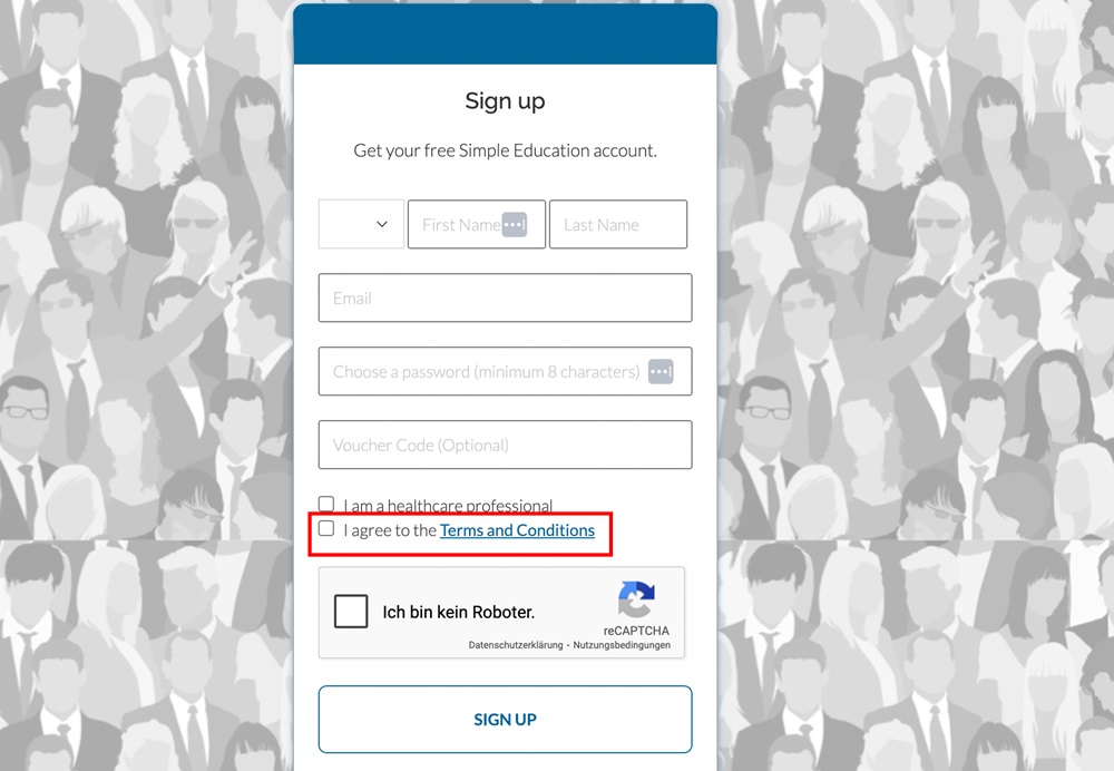 Simple Education sign-up form with Terms link highlighted