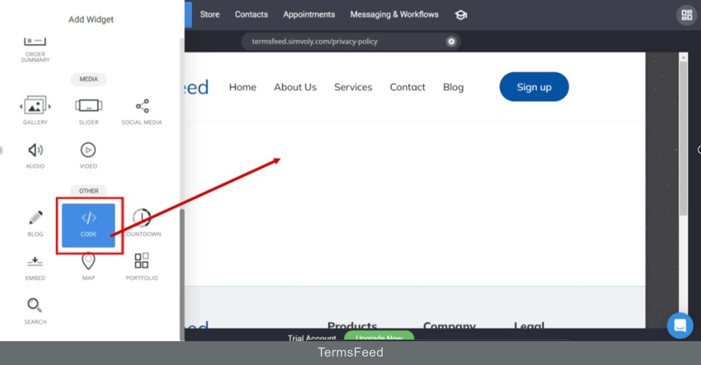 TermsFeed Simvoly - Builder - Empty page - Add Widget - Code selected - drag and drop widget