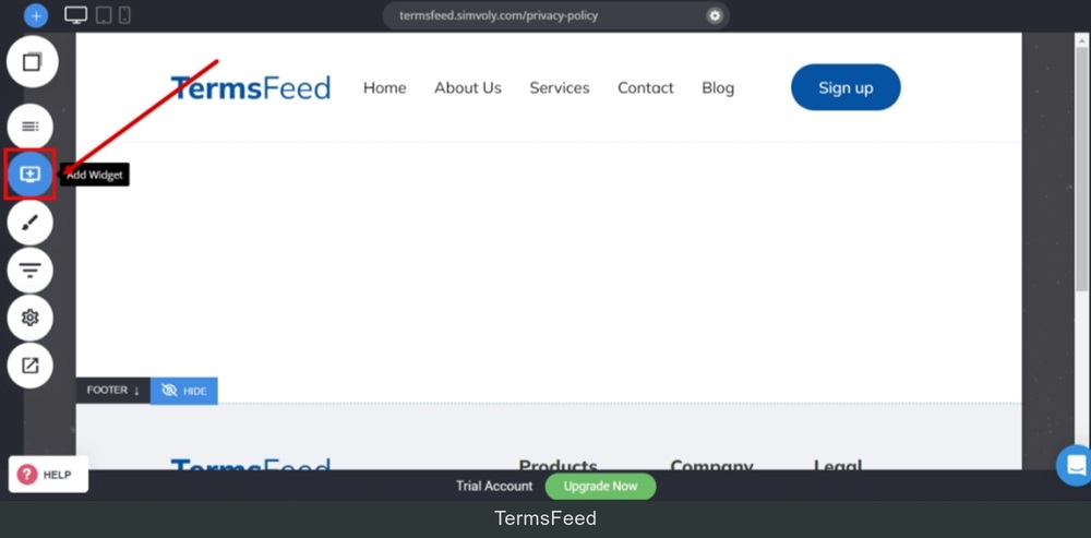 TermsFeed Simvoly - Builder - Empty page - Add Widget option selected