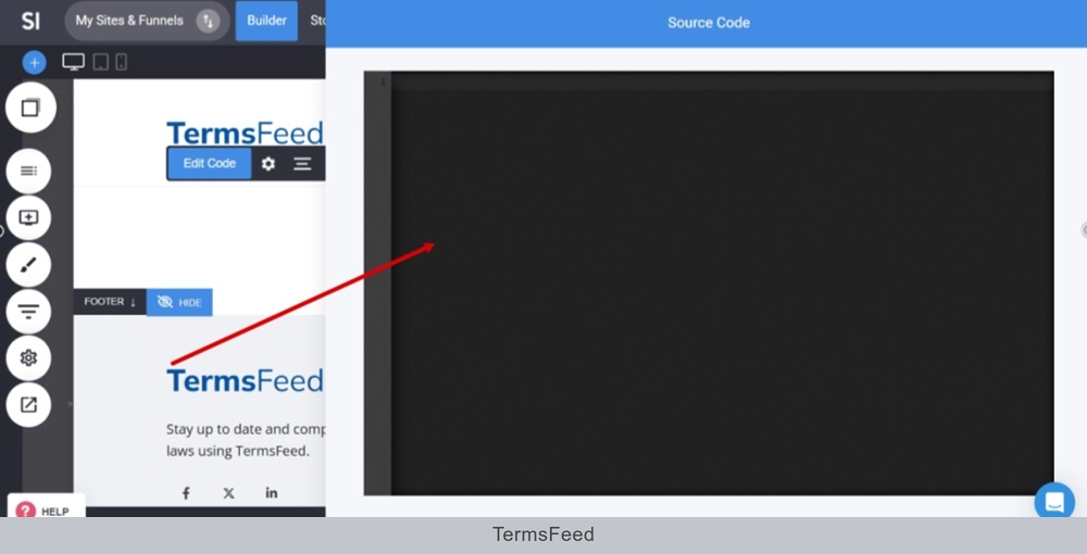 TermsFeed Simvoly - Builder - Empty page - Add Widget - Code selected - drag and drop which opens the Source code editor