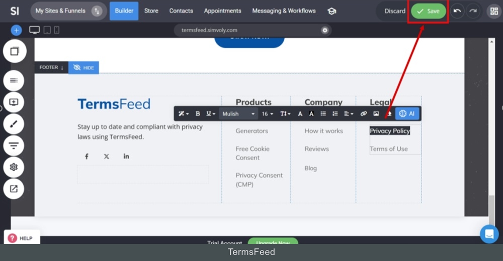 TermsFeed Simvoly - Builder - Home page - Footer - Privacy Policy - Link added - Save