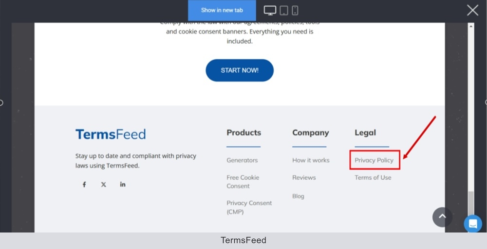 TermsFeed Simvoly - Builder - Preview - Home page - Footer - Privacy Policy - Linked and displayed