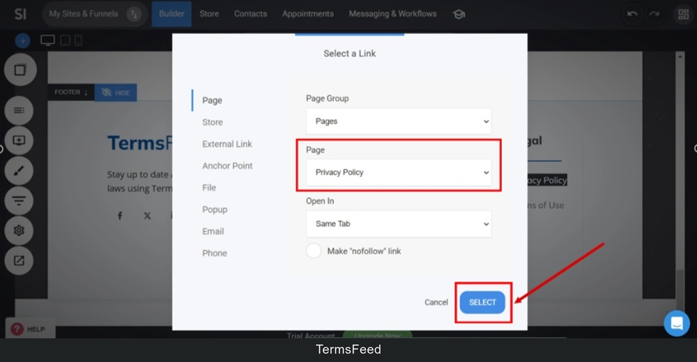 TermsFeed Simvoly - Builder - Home page - Footer - Privacy Policy - Select Link window - Select button
