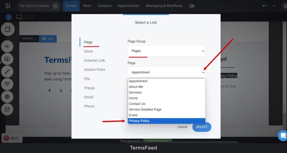 TermsFeed Simvoly - Builder - Home page - Footer - Privacy Policy - Select Link window