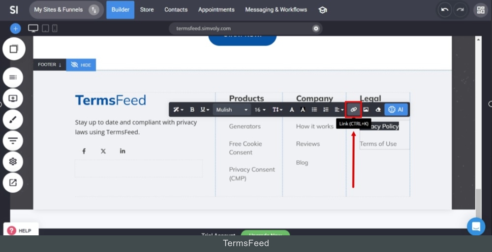TermsFeed Simvoly - Builder - Home page - Footer - Privacy Policy text selected and Link icon highlighted