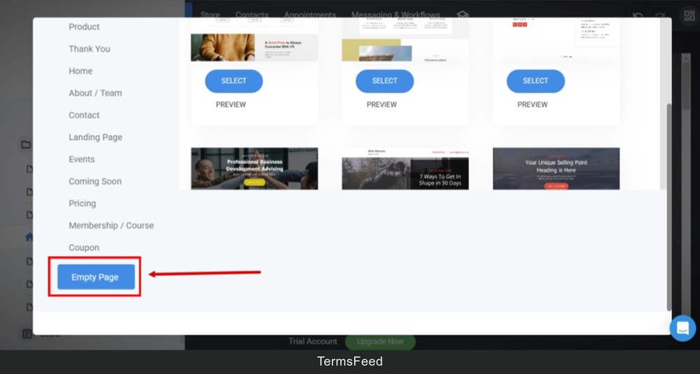 TermsFeed Simvoly - Builder - Pages - Add new page - Empty page selected