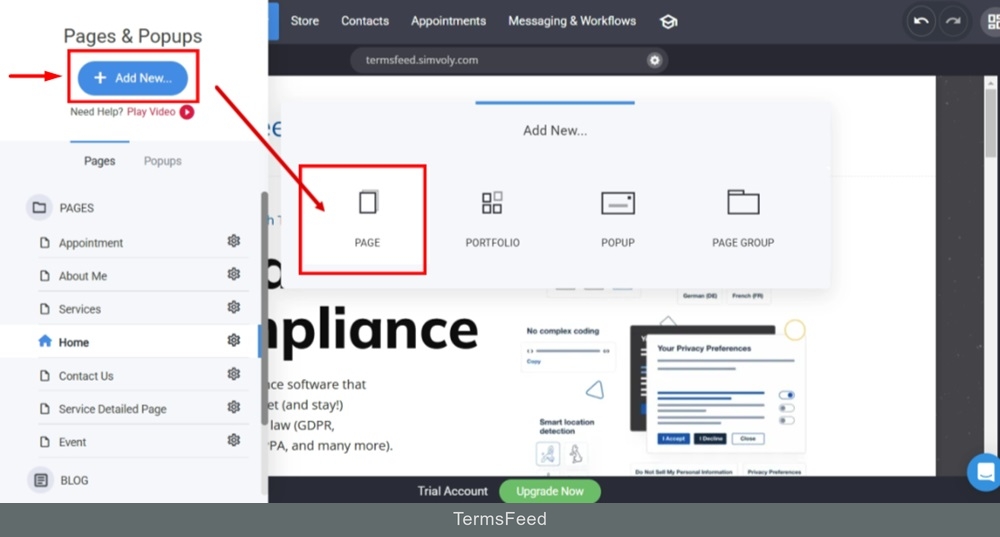TermsFeed Simvoly - Builder - Pages - Add new page selected