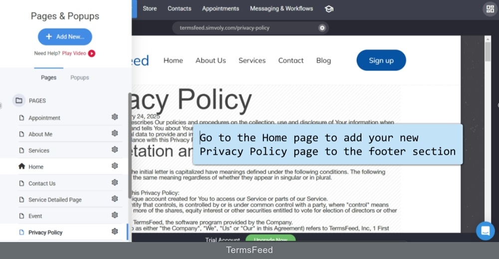 TermsFeed Simvoly - Builder - Privacy Policy - page - Home page selected
