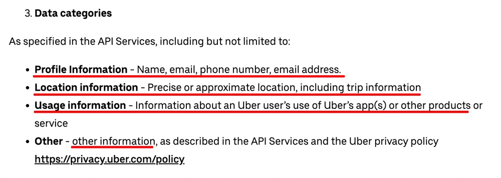 Uber API Terms of Use: Data Categories section