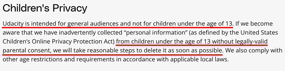 Udacity Privacy Policy: Childrens Privacy clause