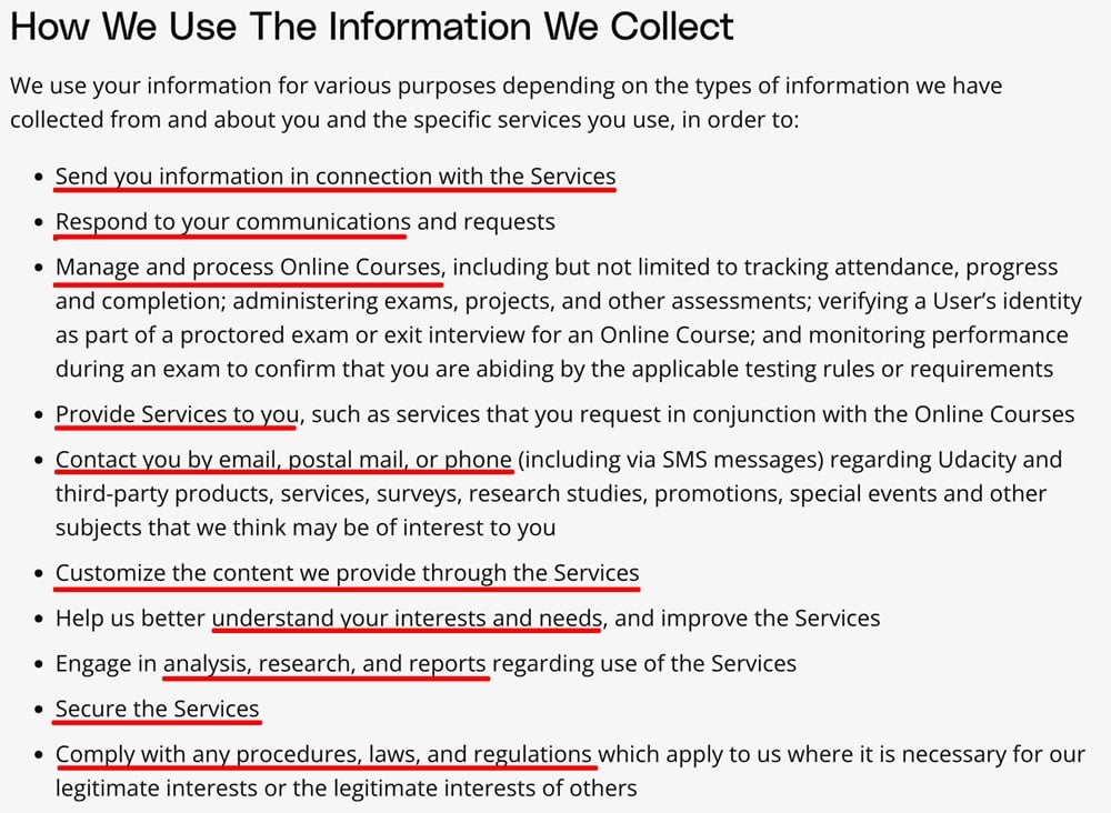 Udacity Privacy Policy: How we use information clause