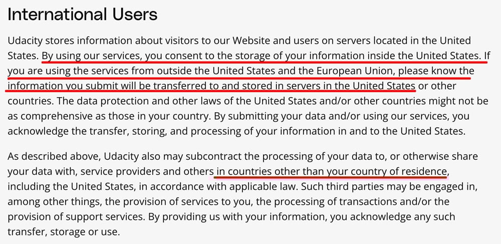 Udacity Privacy Policy: International users clause