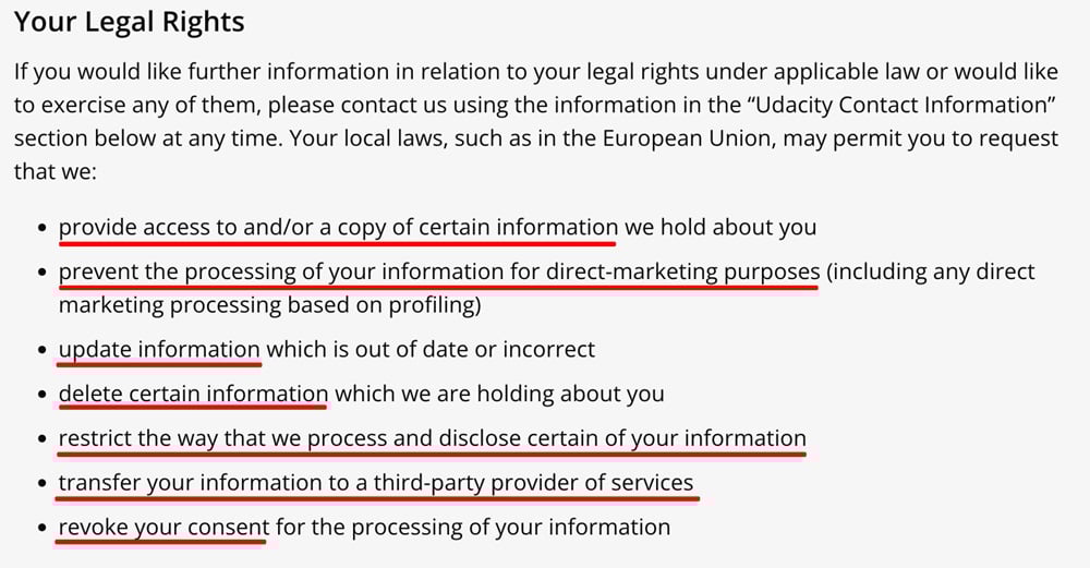 Udacity Privacy Policy: Legal rights clause