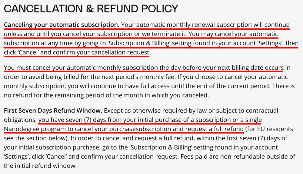 Udacity Terms of Use Cancellation and refund policy clause
