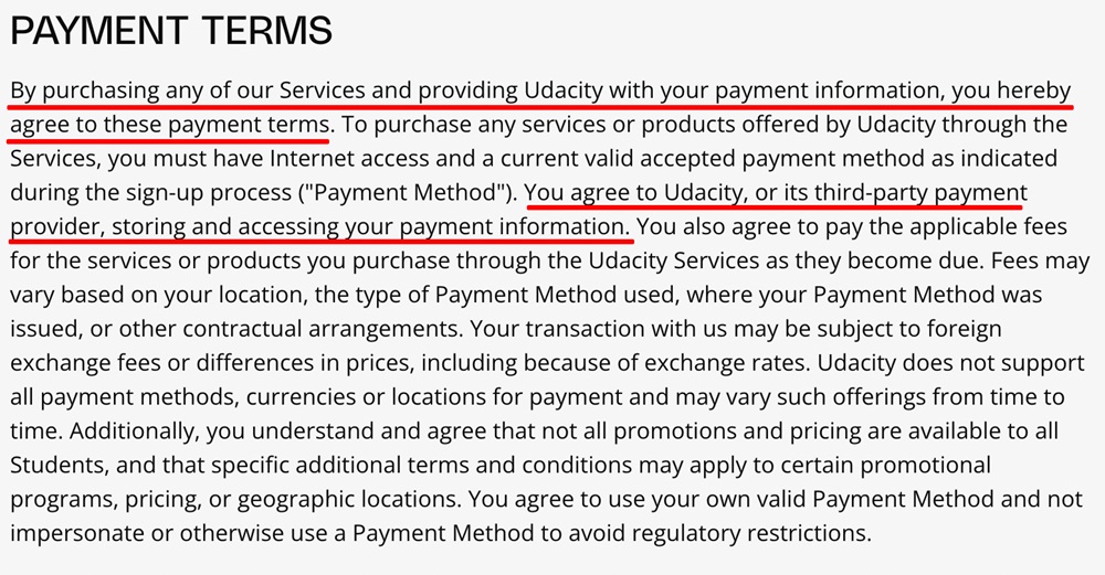 Udacity Terms of Use Payment clause