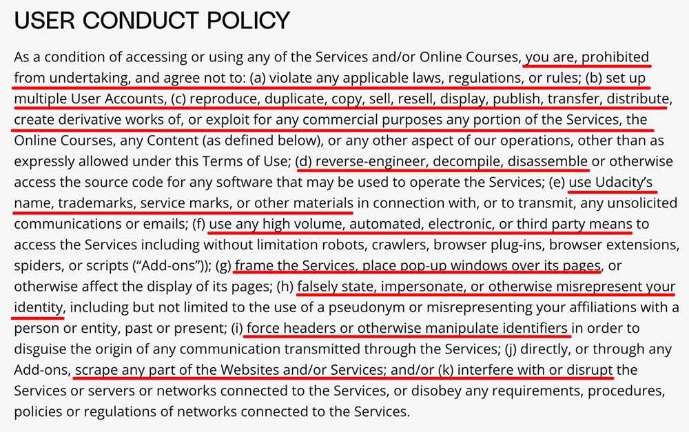 Udacity Terms of Use user conduct clause