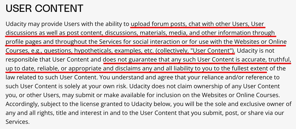 Udacity Terms of Use user content clause