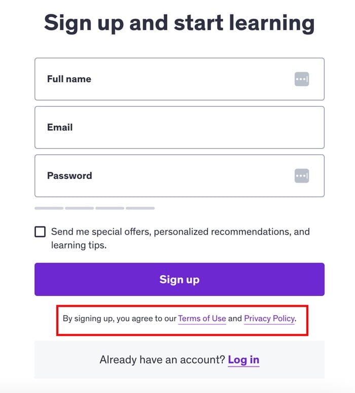 Udemy sign up form