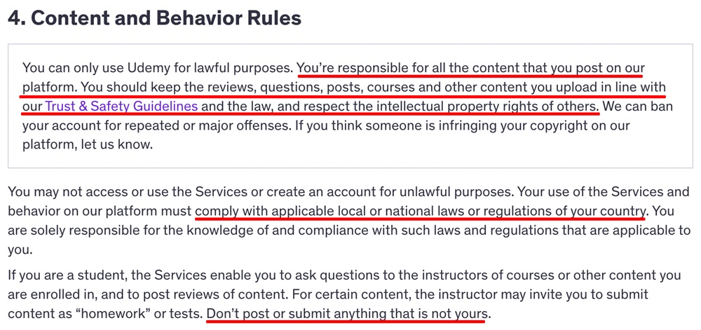 Udemy Terms Content and behavior rules clause