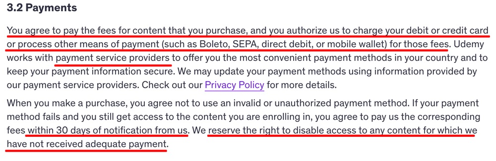 Udemy Terms Payments clause