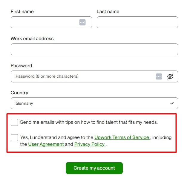 Upwork Sign-up form with checkboxes highlighted