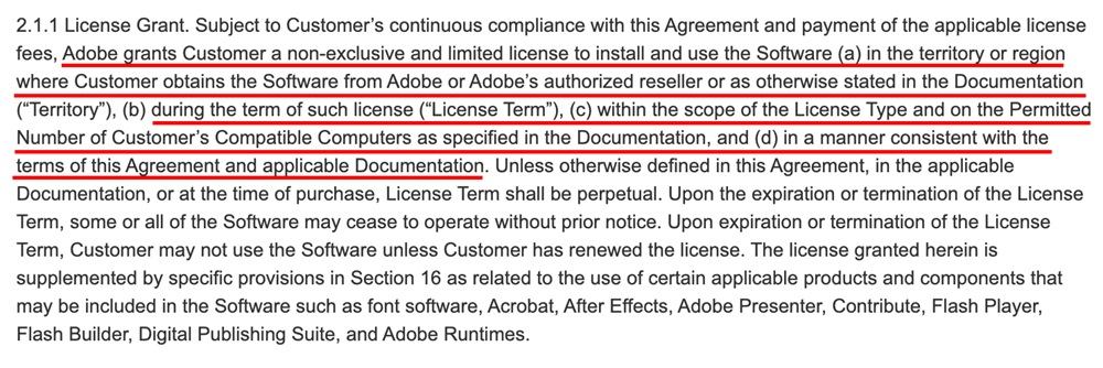 Adobe EULA license grant clause