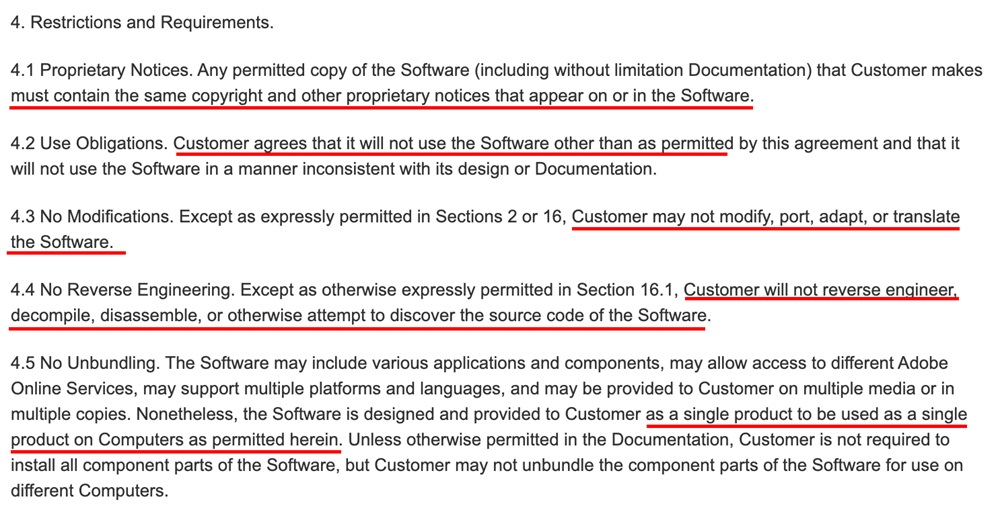 Adobe EULA restrictions and requirements clause