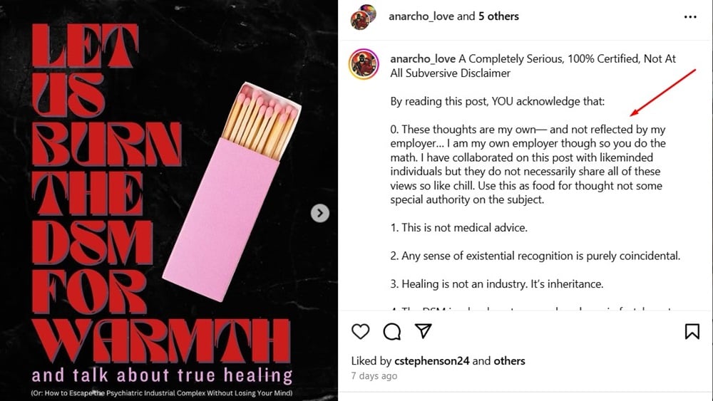 Anarcho love Instagram post disclaimer