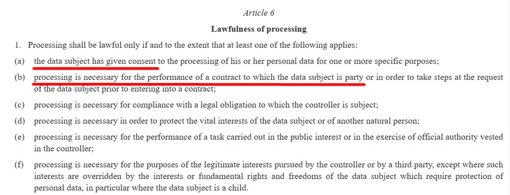 Article 6 of the GDPR with first 2 points highlighted
