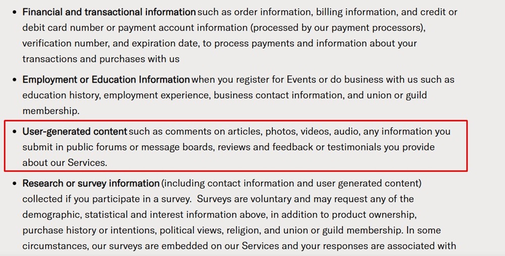 Billboard Privacy Policy UGC section