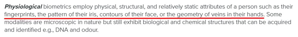 Biometrics Institute definition of physiological