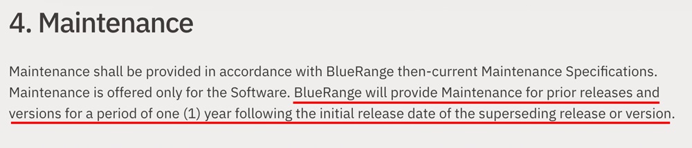 BlueRange EULA maintenance clause