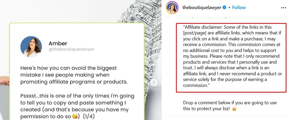 Boutique Lawyer Instagram post affiliate disclaimer
