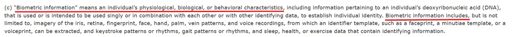 CCPA definition of biometric information